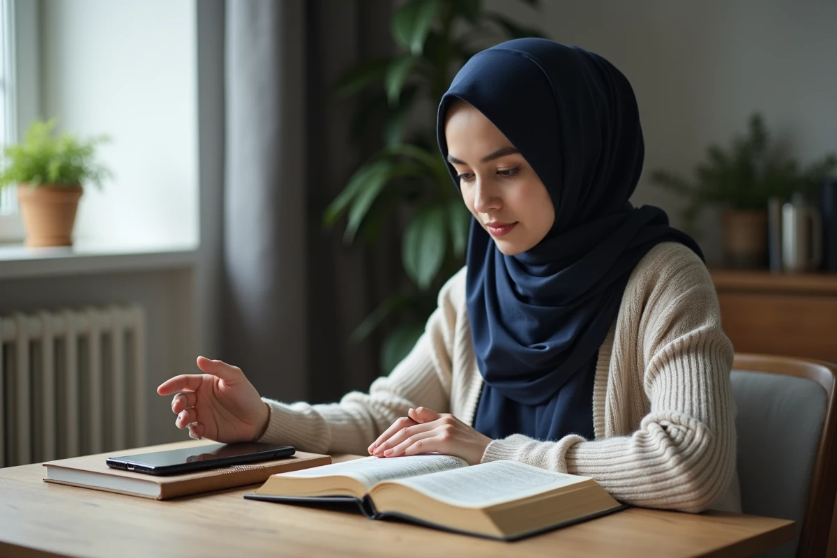 Jeune femme musulmane lisant le Quran à son bureau