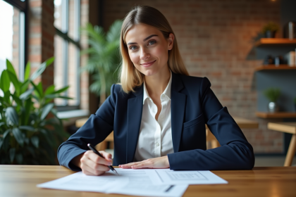Jeune femme signant un contrat de location dans un appartement moderne