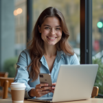 Jeune femme souriante utilisant un smartphone dans un café moderne