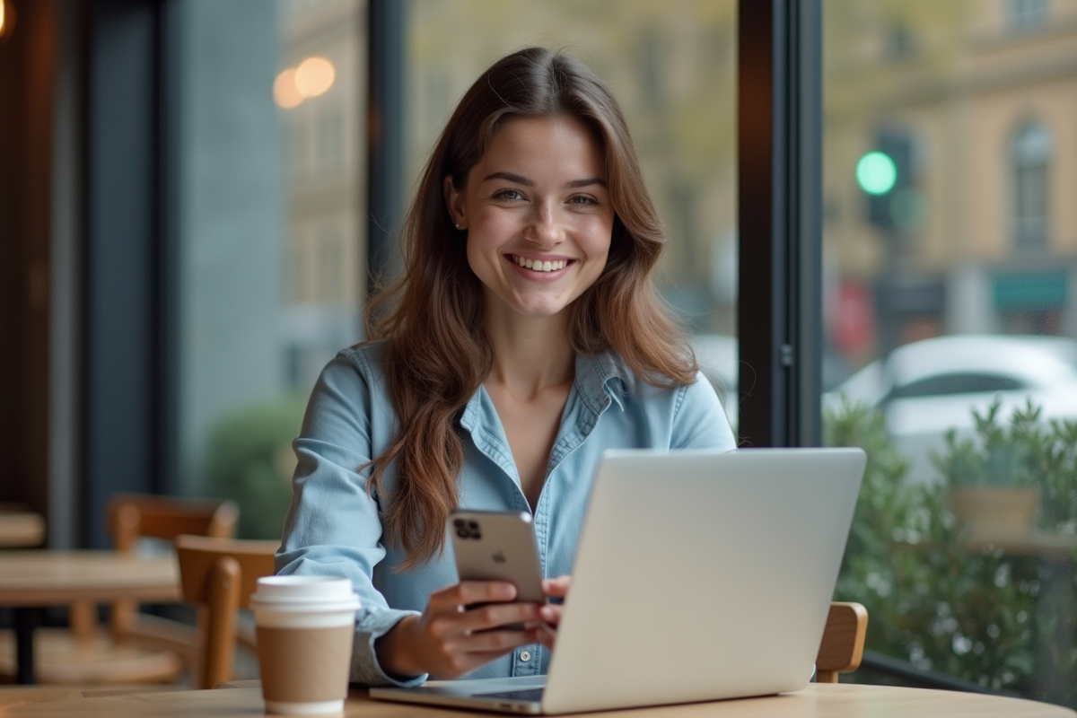 Jeune femme souriante utilisant un smartphone dans un café moderne