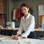 Jeune femme en studio de mode ajustant des patrons