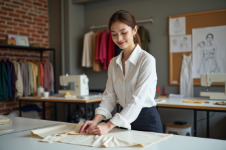 Jeune femme en studio de mode ajustant des patrons