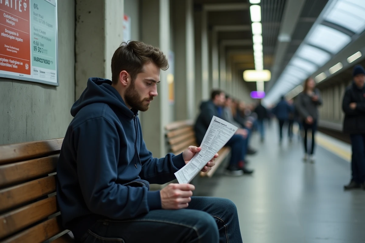 Jeune homme vérifiant ses conditions d'éligibilité aux tarifs réduits de la RATP dans une station de métro