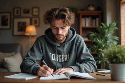 Jeune homme en streetwear lisant et prenant des notes