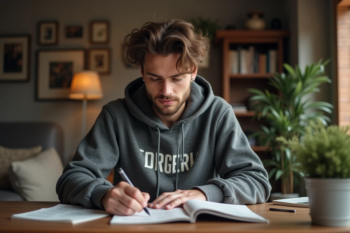 Jeune homme en streetwear lisant et prenant des notes