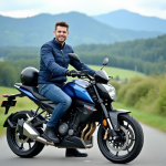 Jeune homme souriant sur une moto Avengers en pleine nature