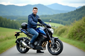 Jeune homme souriant sur une moto Avengers en pleine nature