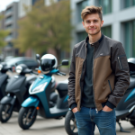 Jeune homme avec veste moto devant une collection de motos 50cc