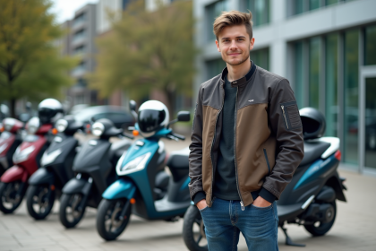 Jeune homme avec veste moto devant une collection de motos 50cc