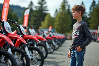 Jeune homme examine des motos de motocross 125cc en extérieur