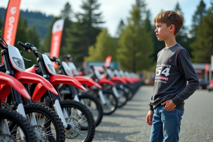 Jeune homme examine des motos de motocross 125cc en extérieur