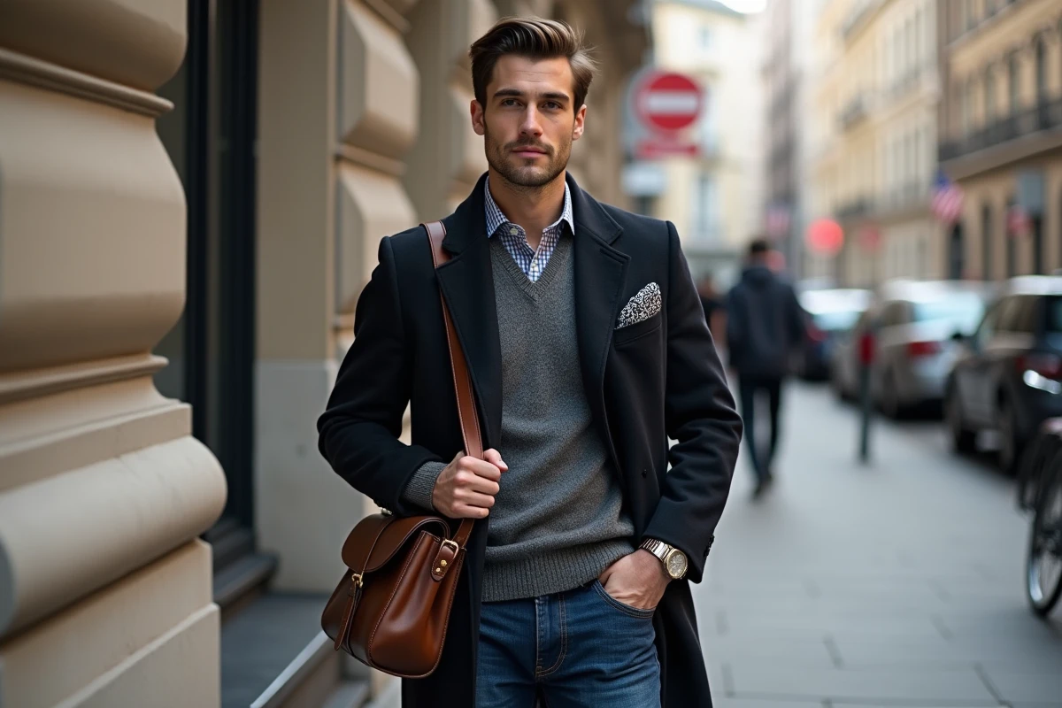 Jeune homme en manteau dans une rue urbaine dynamique
