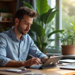 Jeune homme en smartcasual utilisant une tablette dans un bureau cosy