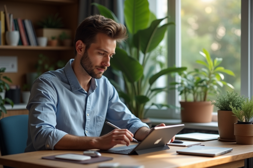 Jeune homme en smartcasual utilisant une tablette dans un bureau cosy