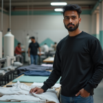 Jeune homme inspectant du tissu dans une usine textile