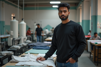 Jeune homme inspectant du tissu dans une usine textile