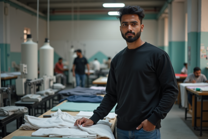 Jeune homme inspectant du tissu dans une usine textile
