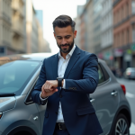 Jeune homme en costume avec voiture compacte en ville
