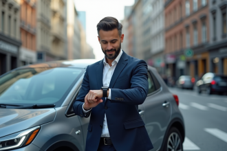 Jeune homme en costume avec voiture compacte en ville