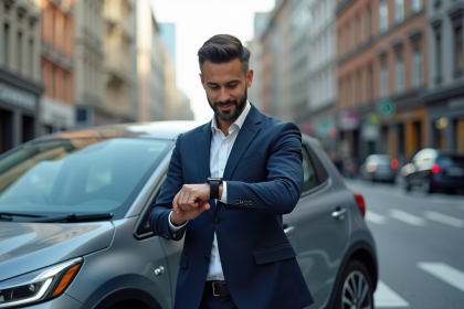Jeune homme en costume avec voiture compacte en ville