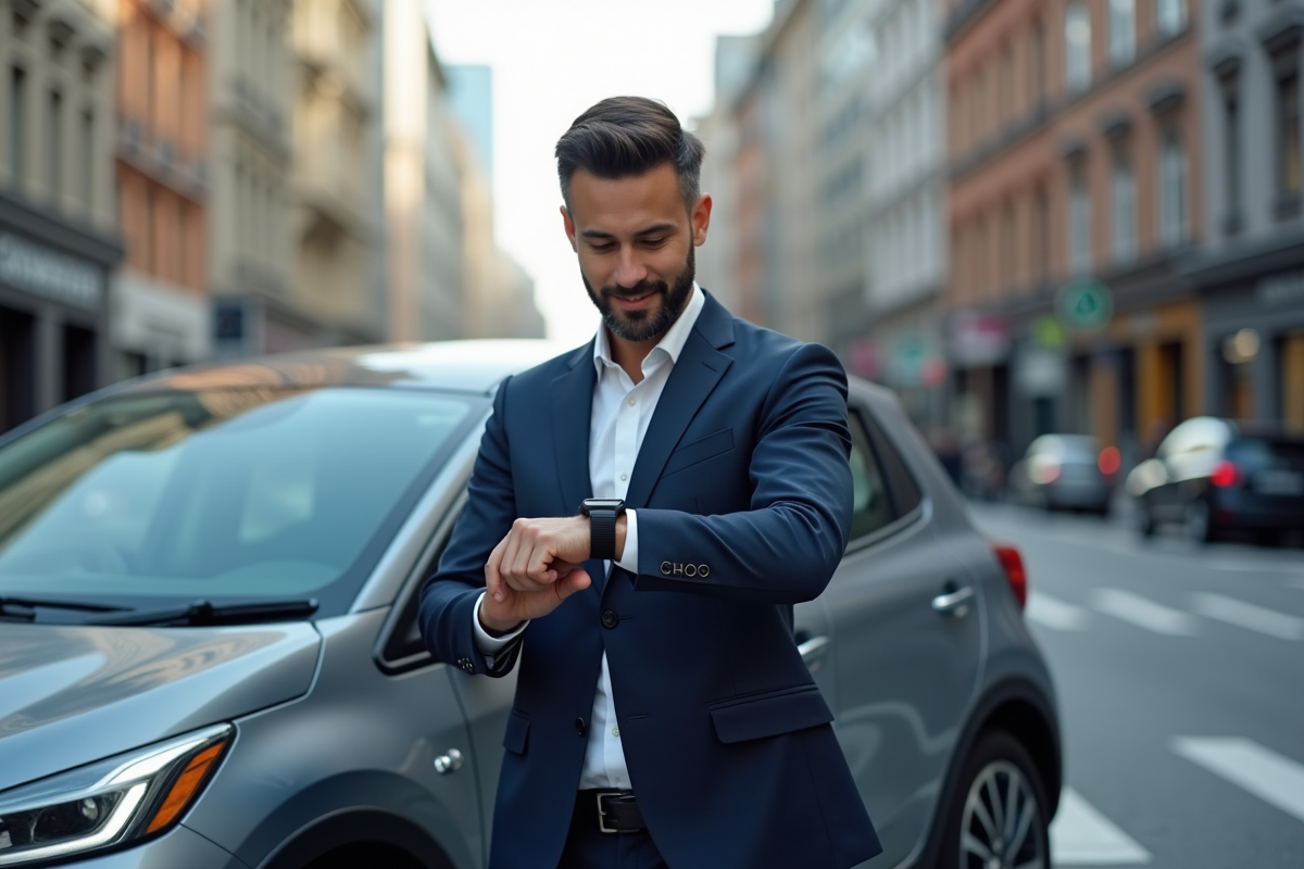 Jeune homme en costume avec voiture compacte en ville
