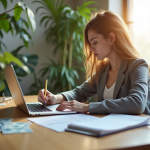 Jeune professionnel calculant ses dépenses avec un ordinateur