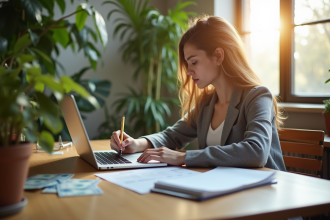 Jeune professionnel calculant ses dépenses avec un ordinateur