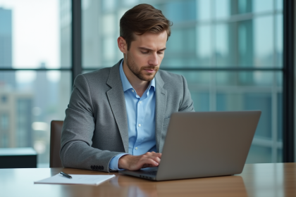 Jeune homme d'affaires au bureau avec ordinateur