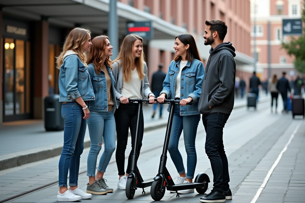 Groupe de jeunes adultes avec scooters devant la gare Lille Flandres