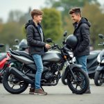 Deux adolescents avec une moto 50cc dans un parking