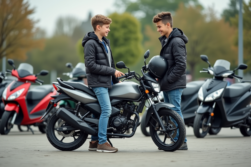 Deux adolescents avec une moto 50cc dans un parking