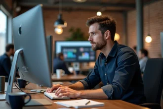 Journaliste consultant un agrégateur d'actualités en ligne sur son ordinateur de bureau dans une rédaction moderne