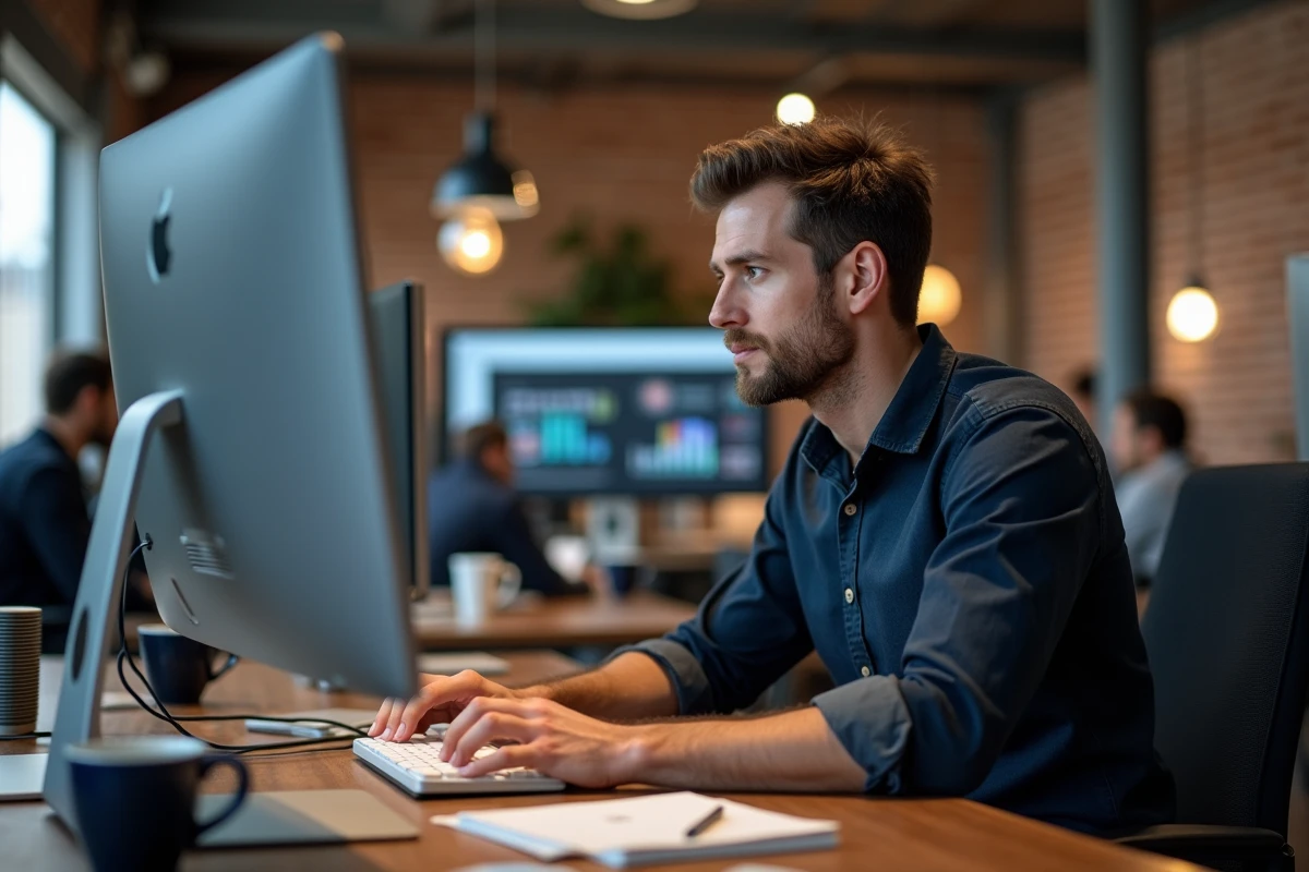 Journaliste consultant un agrégateur d'actualités en ligne sur son ordinateur de bureau dans une rédaction moderne