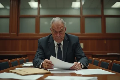 Homme en costume sombre assis dans une salle de délibération de jury, tenant des documents importants avec une expression tendue