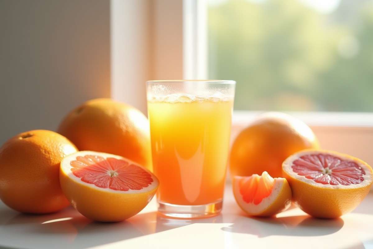 Verre de jus de pamplemousse entouré de pamplemousses entiers et pelés