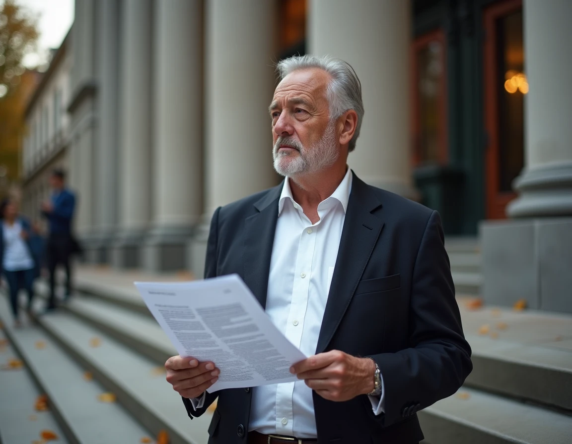 Homme pensif lisant un article de blog politique sur les marches d'une bibliothèque publique en automne