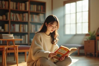 Jeune femme lisant un manga yaoi dans un appartement de style japonais, entourée de volumes de mangas
