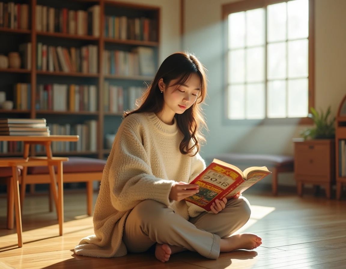 Jeune femme lisant un manga yaoi dans un appartement de style japonais, entourée de volumes de mangas