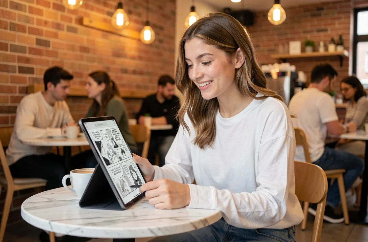 Jeune femme consultant des scans One Piece en français sur une tablette dans un café urbain