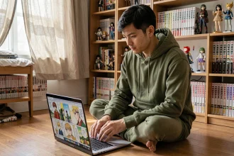 Jeune homme lisant des scans de manga One Piece en français sur un ordinateur portable dans sa chambre entourée de mangas