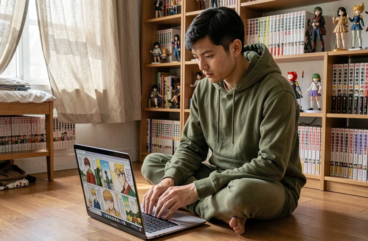 Jeune homme lisant des scans de manga One Piece en français sur un ordinateur portable dans sa chambre entourée de mangas
