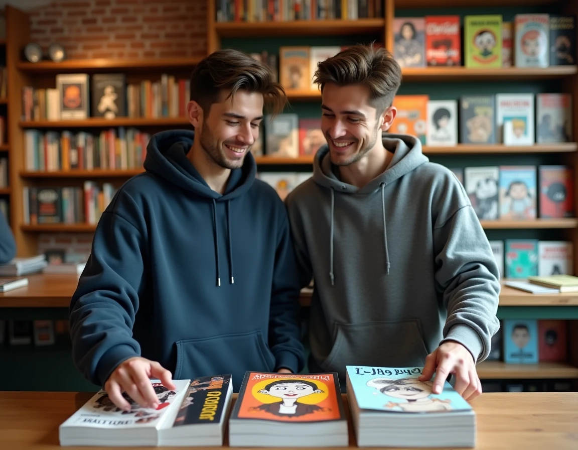 Deux jeunes hommes feuilletant des mangas boys love dans une librairie indépendante spécialisée en manga