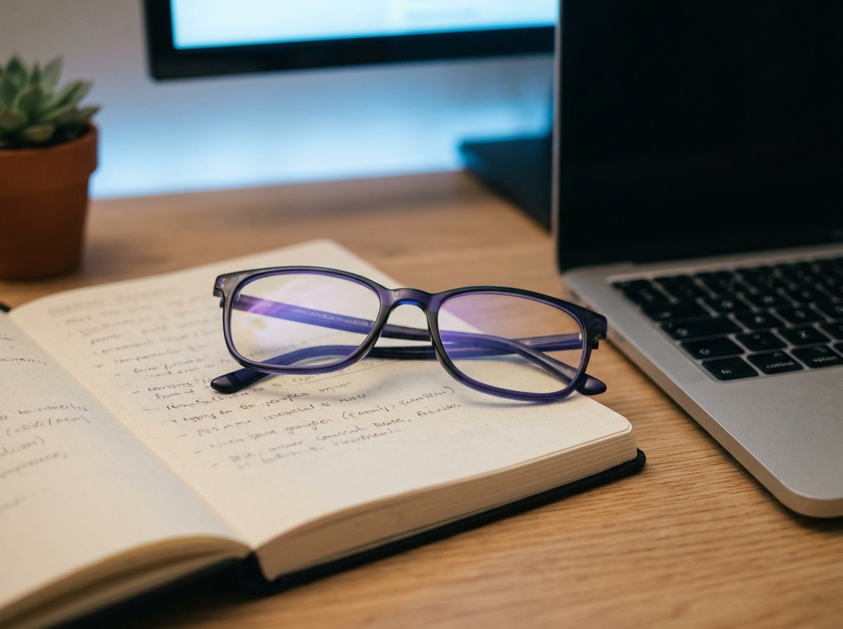 Lunettes anti-lumière bleue posées sur un carnet à côté d'un ordinateur portable sur un bureau en télétravail