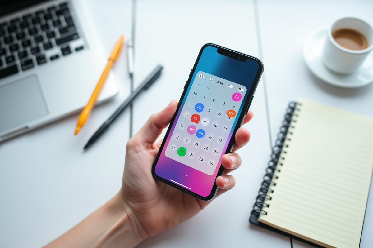Main tenant un smartphone avec calendrier coloré sur bureau blanc