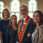 Le maire avec une famille dans la mairie lumineuse