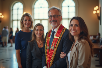 Le maire avec une famille dans la mairie lumineuse