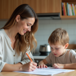 Femme et enfant en cuisine partageant un moment éducatif