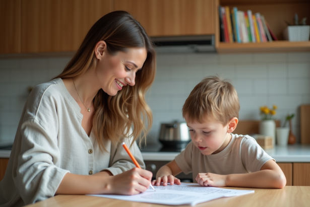Femme et enfant en cuisine partageant un moment éducatif