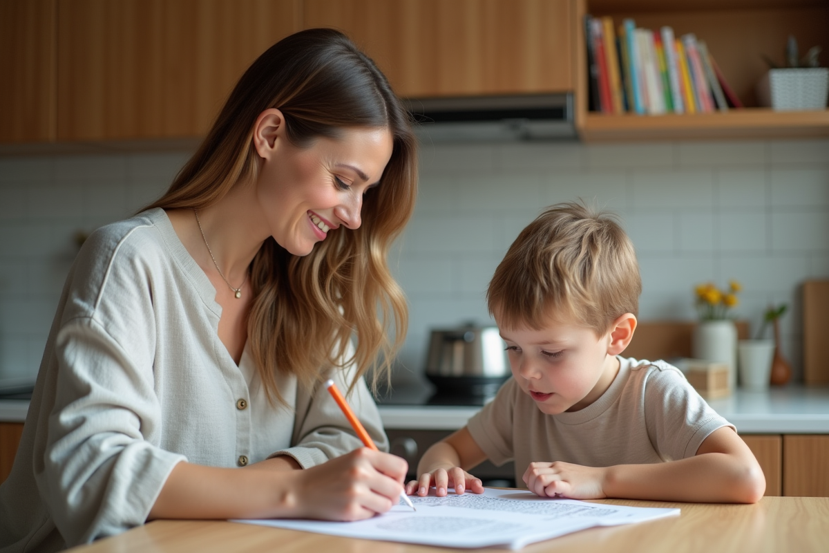 Femme et enfant en cuisine partageant un moment éducatif