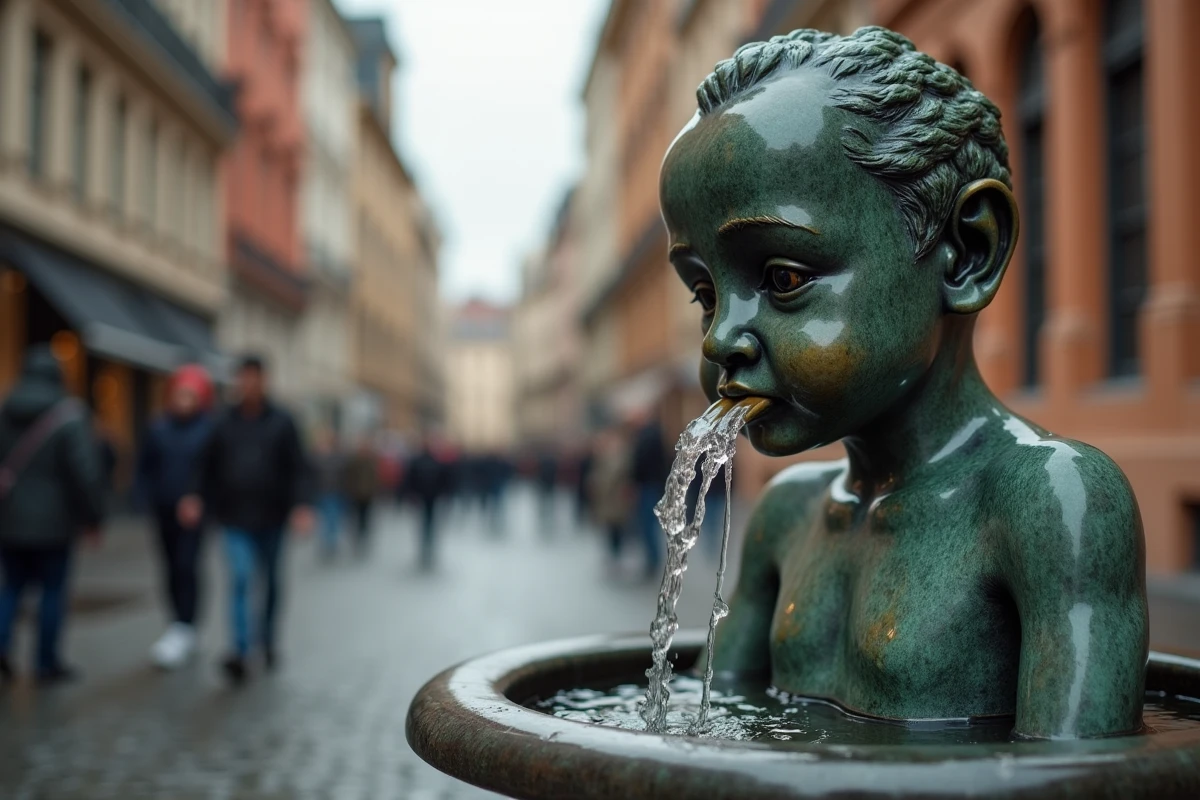 Gros plan sur la statue en bronze du Manneken Pis montrant les détails du métal patiné et l'eau s'écoulant dans le bassin, sculpture emblématique de Bruxelles du XVIIe siècle